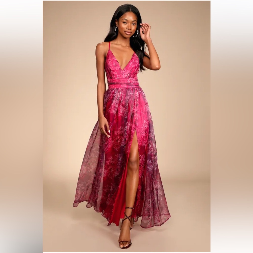 Lulu's Fuchsia Floral Lace Maxi Dress with Plunging V-Neck - Picture 13 of 13